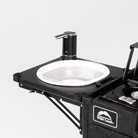 Cuisine de camping pliante et portable version pro Wild Land aluminium réchaud évier pompe électrique