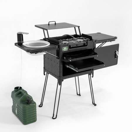 Cuisine de camping pliante et portable Wild Land version pro aluminium réchaud évier pompe