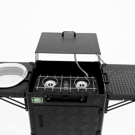 Cuisine de camping pliante et portable version pro Wild Land aluminium évier avec pompe rechargeable réchaud deux feux