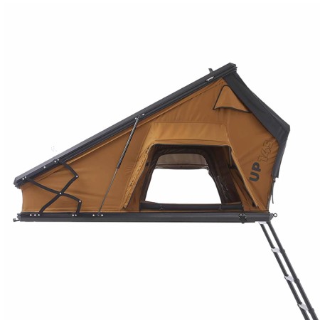 Tente de toit rigide aluminium 2 places Vickywood Cumaru Up 145 camel ouverte vue latérale