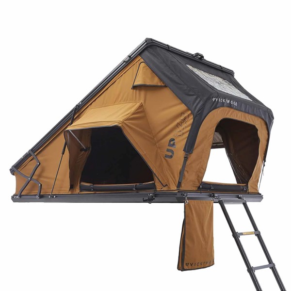 Tente de toit rigide aluminium 2 places Vickywood Cumaru Up 145 camel design et qualité