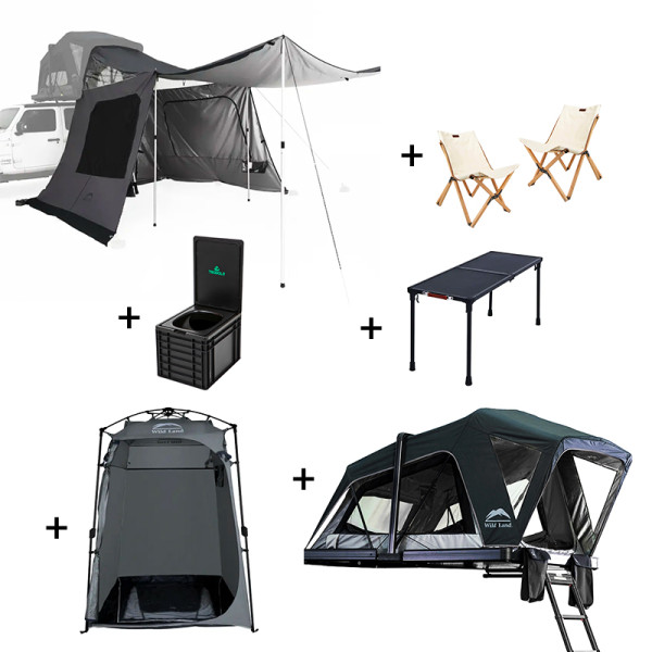 pack duo autonomie en plein air camping en tente de toit OrthFrame 130 camping Wildland avec douche, toilettes et mobilier