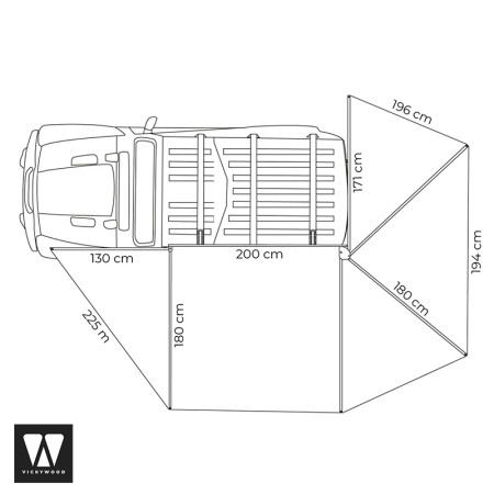 VW-SA20E-27L-GY Auvent latéral 270° Leaf Extended GAUCHE 200 cm Gris - Vickywood dimensions et schéma