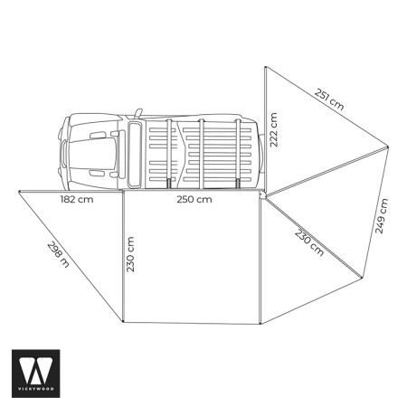 VW-SA25E-27L-GY Auvent latéral 270° Leaf Extended GAUCHE 250 cm Gris - Vickywood dimensions et schéma