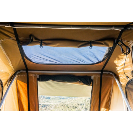 Tente de toit souple dépliante légère Vickywood Small Willow 140 camel pour tout véhicule avec fenêtre de toit