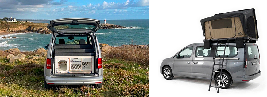 minimalle de camping et tente de toit présentée dans Caddy VW